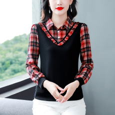 2023秋冬新款棉料拼色上衣女士时尚减龄格子小衫百搭遮肚子打底衫