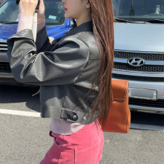 批发尺寸已更新 INS博主款 美式<b class='q'>甜美</b>浅粉色翻领皮长袖拉链夹克短外套