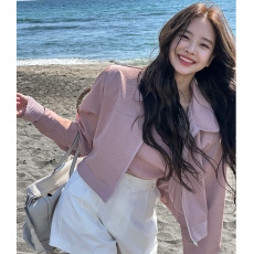 批发尺寸已更新 INS博主款 美式甜美浅粉色翻领皮长袖拉链夹克短外套