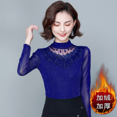 批发2025秋冬新款加绒加厚保暖上衣蕾丝洋气时尚网纱<b class='q'>长袖</b>打底衫