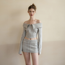 批发辣妹性感一字肩<b class='q'>长袖</b>灰色上衣套装女秋季包臀半身裙休闲运动两件套