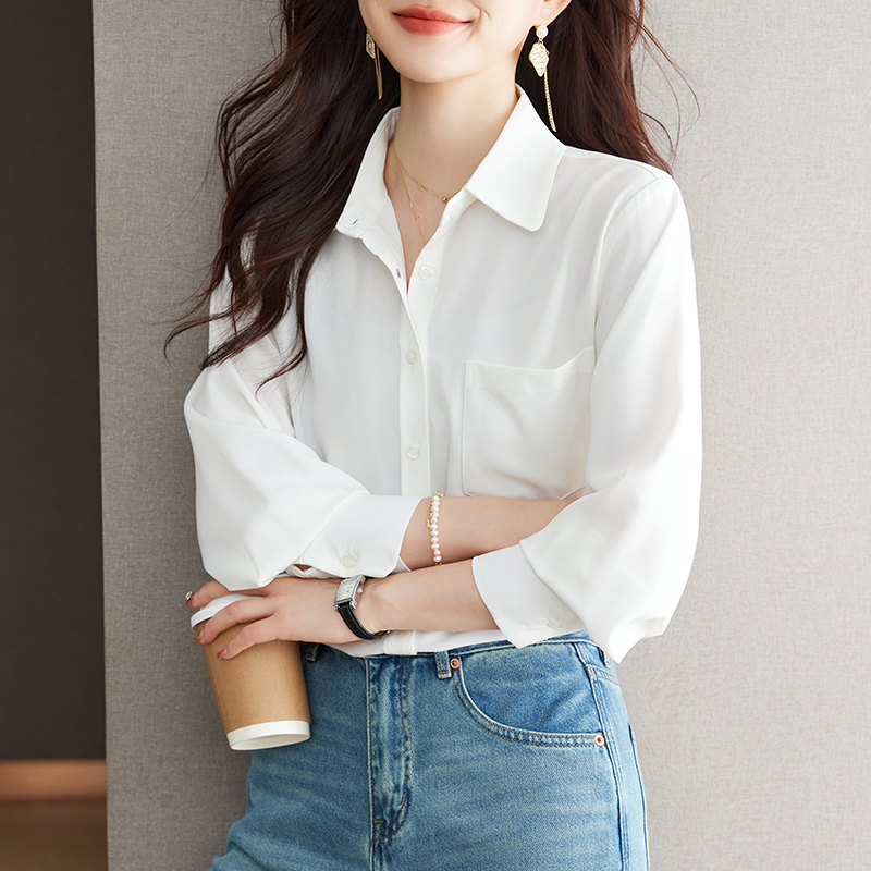 White shirt women's autumn retro western design niche top simple temperament slim long-sleeved shirt