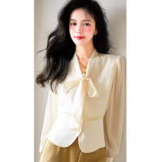 批发高阶设计感 2026春秋季新款法式收腰蝴蝶结拼接优雅气质<b class='q'>衬衫</b>