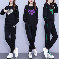 批发2025秋季新款胖MM休闲显瘦时尚印花大码卫衣拼接设计款两件套