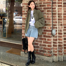 垮肩袖工装立领休闲夹克外套女2023秋冬新小个子拉链开衫风衣大码
