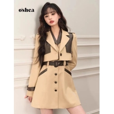 批发oshea高级撞色拼皮风衣外套女2023新款<b class='q'>秋</b>季小个子时尚连衣裙套装