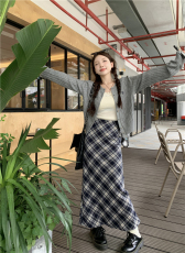 实拍实价~大码韩系灰色麻花针织开衫+蝴蝶结吊带背心+格纹半身裙