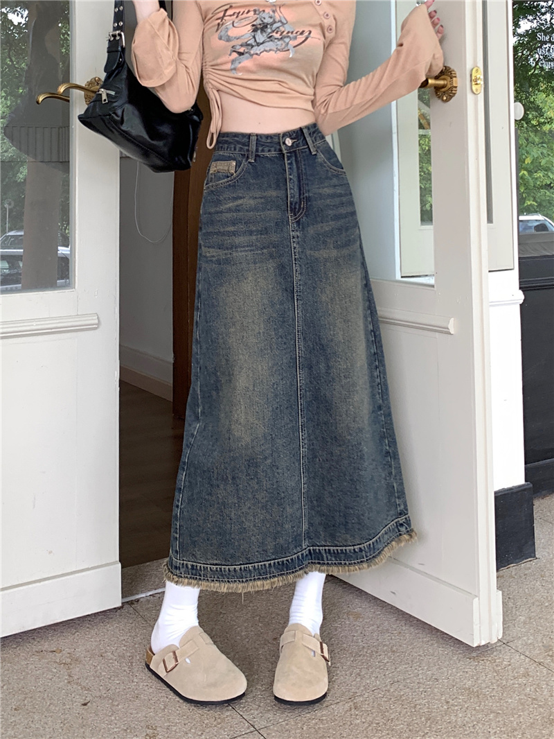 ~New retro slit half-length denim skirt with high waist and slim raw edge design A-line long skirt for women