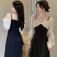 批发2026赫本风<b class='q'>假两件</b>裙子新款法高级感蝴蝶结撞色拼接吊带<b class='q'>连衣裙</b>露肩