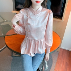 批发2026春秋新款新中式国风<b class='q'>女装</b>小个子粉色盘扣衬衫上衣设计感小众