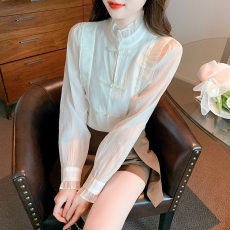 批发新中式国风盘扣上衣女秋装2025新款女装长袖衬衣别致漂亮雪纺衬衫