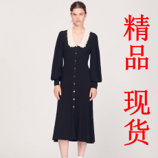 批发经典款女装法式撞色翻领泡泡袖黑色针织<b class='q'>连衣裙</b>