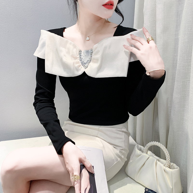 높은 품질 2026 가을 여성 보트넥 프릴 디자인 센스 나비 매듭 배색 다용도 긴팔 티셔츠 기본 셔츠
