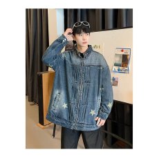批发实拍实美式复古蓝拼接牛仔外套宽松小众设计感拼色牛仔衣男女