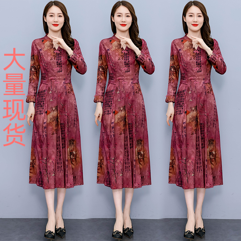 MY13334# 新款长袖花罗提花香云纱复古盘扣印花连衣裙女女裝貨源服裝批發