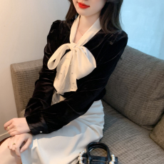 实拍有视频2023秋冬新款丝绒衬衫系蝴蝶结上衣女百搭蕾丝衫