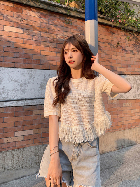 RM22917#流苏短款别致正肩T恤夏季2023新款洋气甜妹少女感小众in...