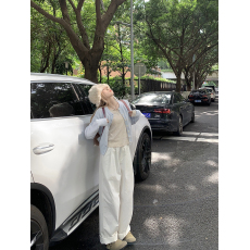 批发实拍实价  浅蓝色短款针织毛衣外套<b class='q'>碎花</b>长袖打底衫直筒长裤三件套