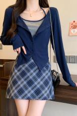 实拍大码女装学院风套装小众假两件上衣女秋季格子裙半身裙两件套