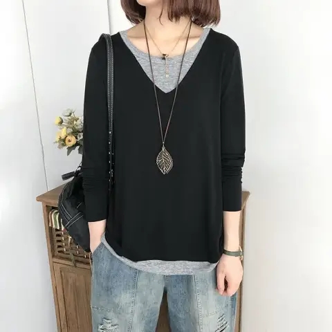 美式洋氣打底衫復古風拼接長袖女春秋韓系時尚寬鬆百搭圓領T恤潮