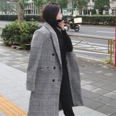 2023秋冬韩版双排扣复古千鸟格西服大衣女过膝中长后开衩毛呢外套