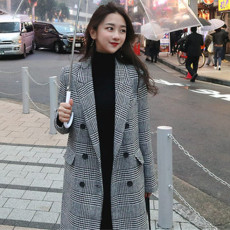 2023秋冬韩版双排扣复古千鸟格西服大衣女过膝中长后开衩毛呢外套