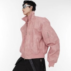 批发美式复古小众短款夹克外套男秋季新款金属拉链设计感情侣工装皮衣