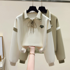 实拍设计感polo领系带卫衣女2023年新款宽松显瘦小个子上衣撞色