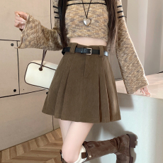 灯芯绒短裙女2023秋冬新款A字百褶裙高腰防走光短裤裙半身裙子