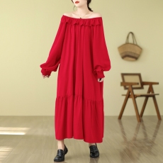 批发实拍 2026新款宽松显瘦一字肩宽松系带显瘦长款<b class='q'>连衣裙</b>