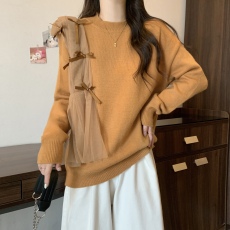 实拍现货 2023秋冬新款气质网纱拼接蝴蝶结加厚设计感针织上衣