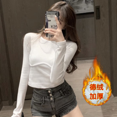 批发德绒罗纹长袖<b class='q'>t</b><b class='q'>恤</b>女秋冬露肚脐短款保暖打底衫内搭上衣