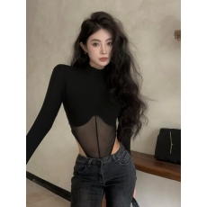 批发实拍实价辣妹性感网纱拼接连体衣女<b class='q'>欧美</b>纯欲薄纱上衣内搭打底<b class='q'>T</b><b class='q'>恤</b>