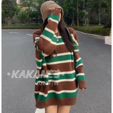批发秋季新款大码女装时尚复古撞色条纹慵懒宽松毛衣女宽松百搭针织衫