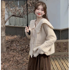 批发秋<b class='q'>冬</b>新款大码女装针织开衫法式温柔娃娃领毛衣外套小众韩系外套