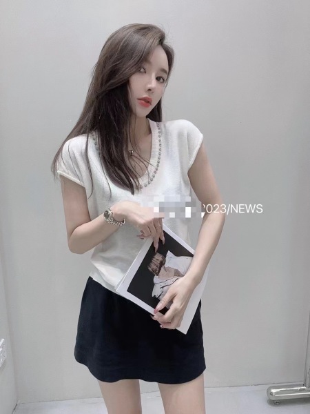 RM22920#欧货V领飞飞袖针织T恤女2023夏季新款百搭镶钻弹力冰丝无...