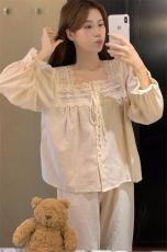 实拍韩版夏季法式高级棉麻纯色甜美蕾丝公主风短袖短裤睡衣套装女