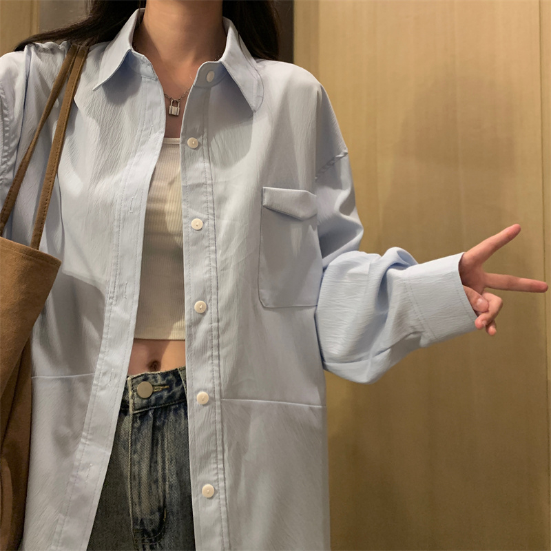 Blue POLO collar long-sleeved sun protection shirt summer new Korean style high-end style mid-length top for women