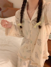 实拍实价兔子皱皱棉睡衣女长袖春秋翻领棉质女士家居服
