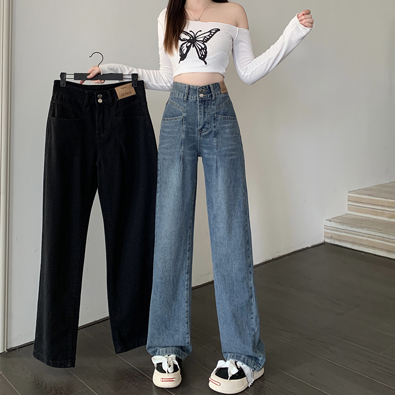 PF24444#新款胖mm大码韩版高腰直筒牛仔裤梨形身材显瘦阔腿裤女裝貨源服裝批發