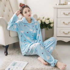 批发爱丽#秋冬季法兰绒长袖睡衣女开衫卡通宽松家居服套装外贸