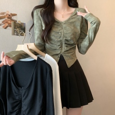 批发实拍~三标齐~辣妹修身T恤女设计感双拉链褶皱收腰小衫长袖上衣