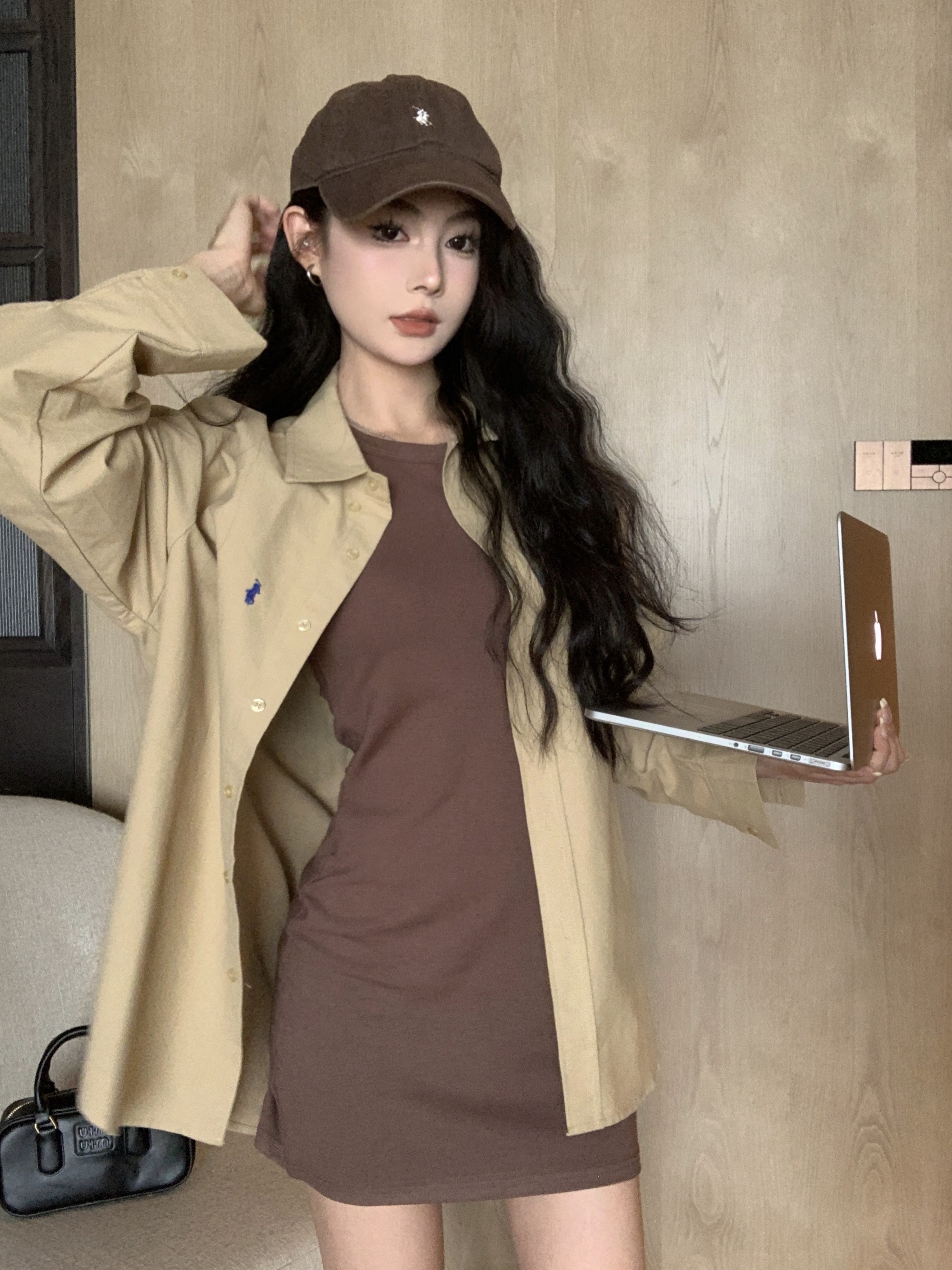 實拍 卡其色慵懶套裝簡約寬鬆休閒襯衫開衫顯瘦百搭連衣裙