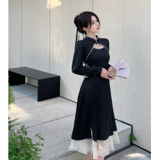 批发2023年秋冬新款胖mm大码女装绣花拼接长裙女新中式改良旗袍连衣裙