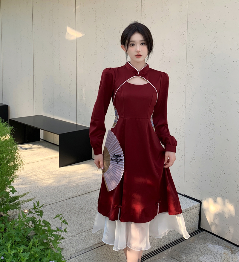 LN56963# 敬酒服新娘订婚回门秋季晚礼服裙女大码酒红色立领中式结婚高级感 服裝批發女裝批發服飾貨源