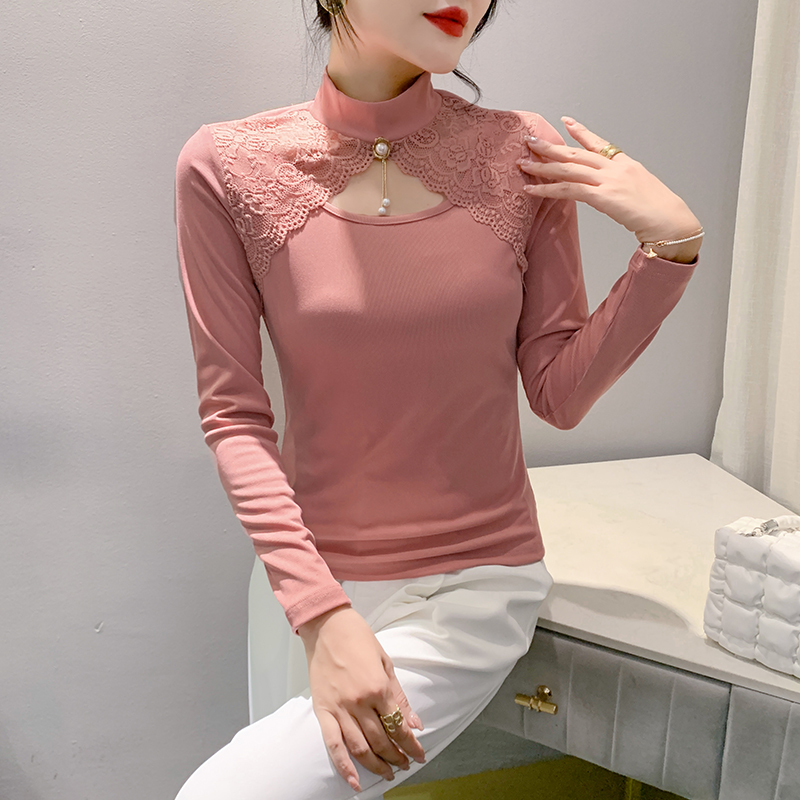 유럽 역 가을 겨울 외국 가스 반하이넥 홀로우 아웃 레이스 긴팔 티셔츠 여성 셔츠 기본 셔츠
