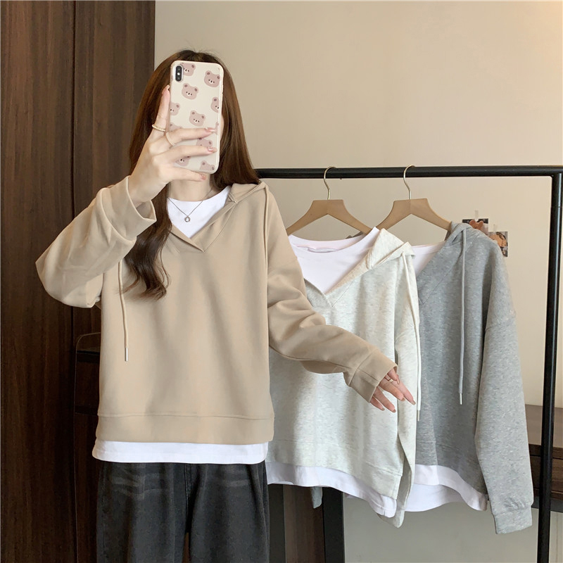 실사 이후 패키지 칼라 음식 털 후아 면 복합 우유 실크 320 그램 얇은 스타일 패치워크 페이크 레이어드 후드 티 스웨터 여성