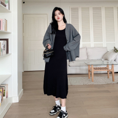 批发2026实拍<b class='q'>大码</b>女装针织收腰显瘦长款连衣裙＋百搭宽松休闲开衫外套