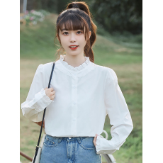 批发晨领法式早春秋新款<b class='q'>衬衫</b><b class='q'>宽松</b>立领女慵懒风<b class='q'>衬衣</b>木耳边清纯长袖上衣