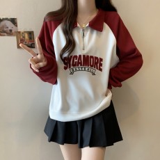 实拍大码女装 2023秋季新款字母绣花拉链撞色拼接长袖卫衣女
